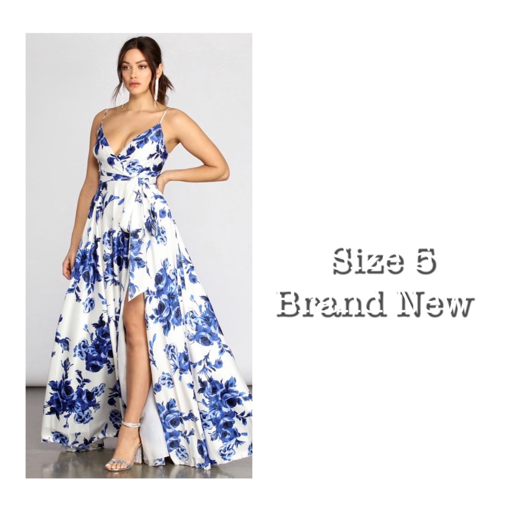 Blue and white ball gown